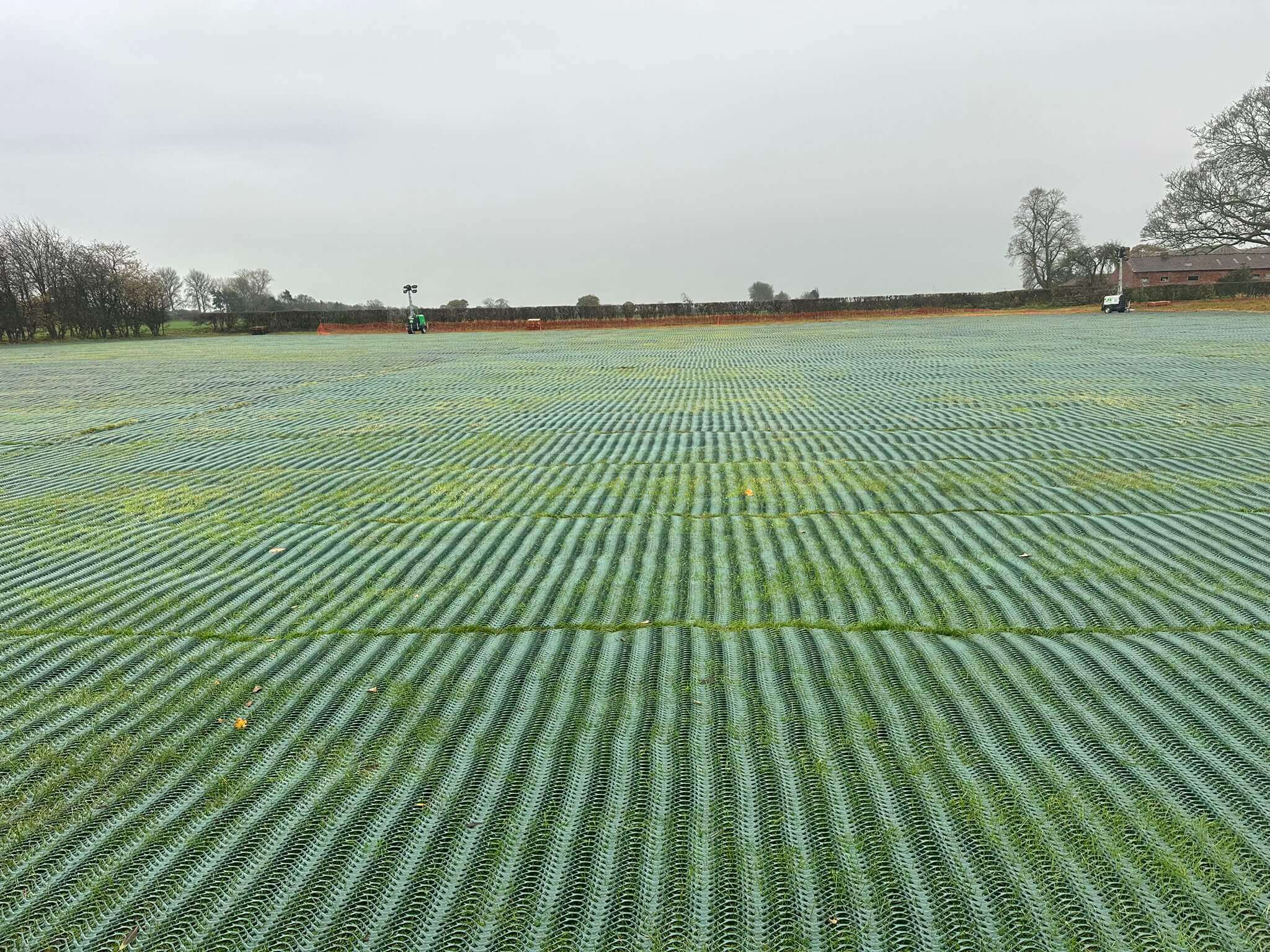 Large area of heavy grass reinforcement mesh installed for overflow parking at Designer Outlet York