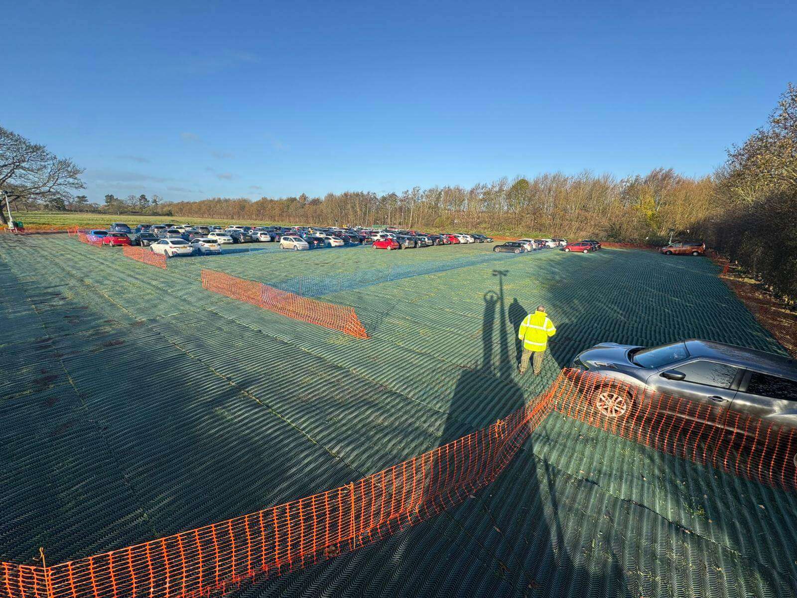 Heavy grass reinforcement mesh used for seasonal overflow parking at Designer Outlet York
