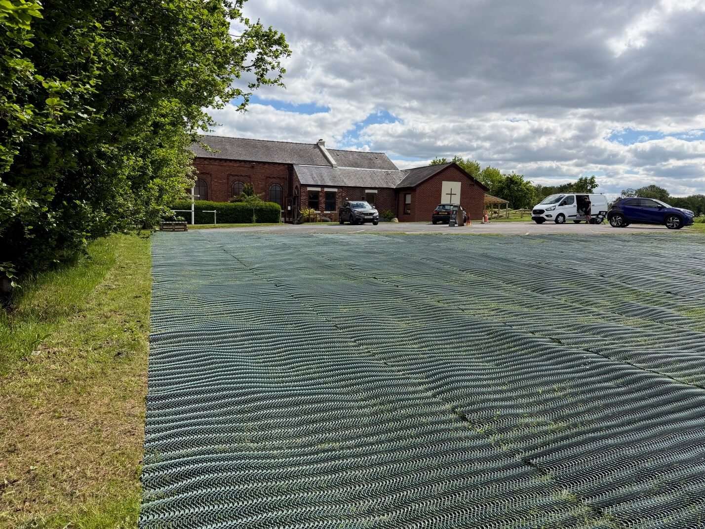Grass reinforcement mesh installed for overflow parking at Glazebury Methodist Church