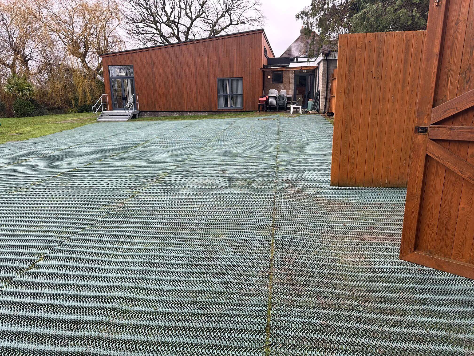 Grass reinforcement mesh installed beside Hillingdon Pentecostal Church building