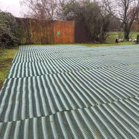 Close view of heavy grass reinforcement mesh installed for church parking