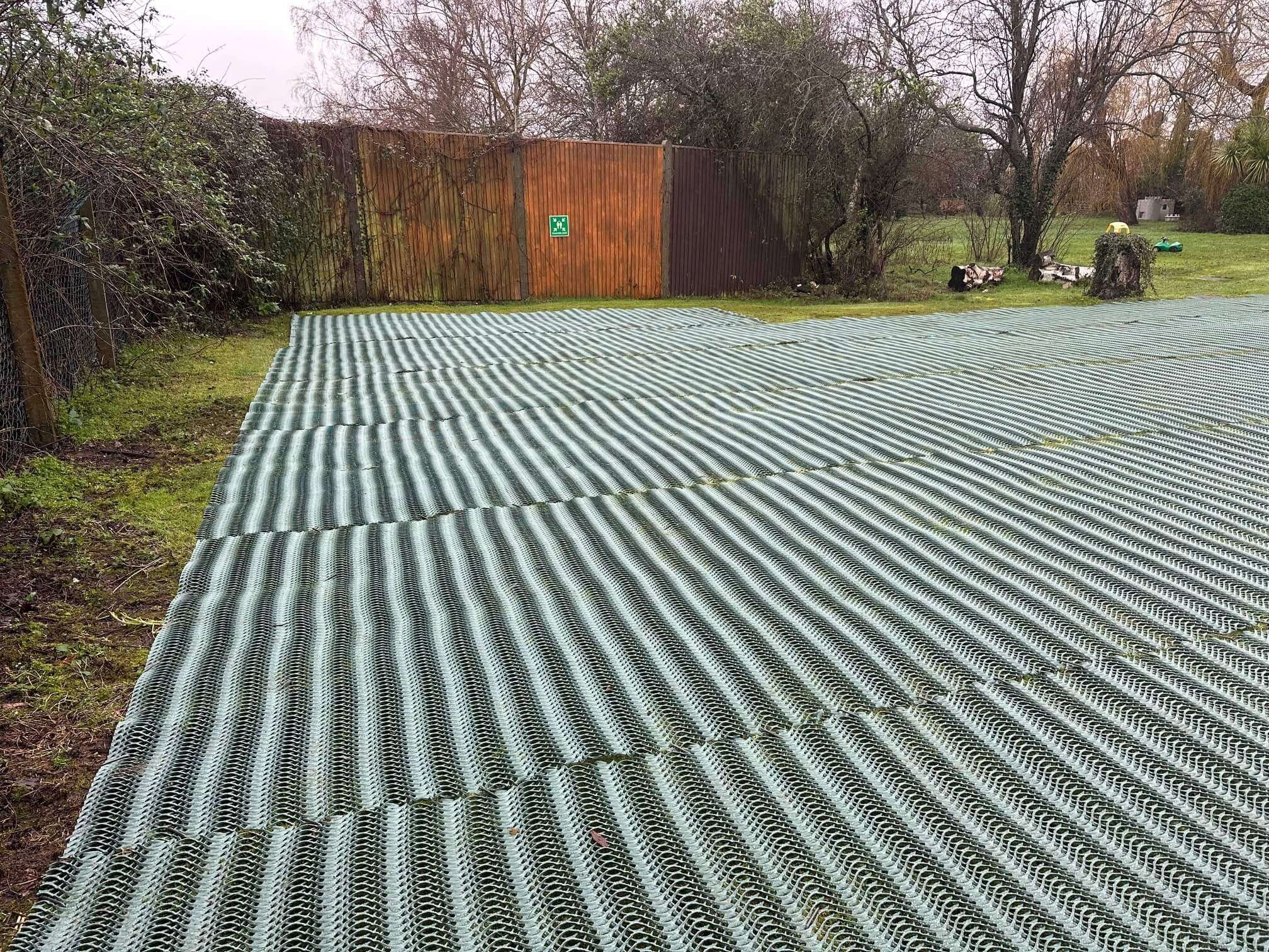 Close view of heavy grass reinforcement mesh installed for church parking